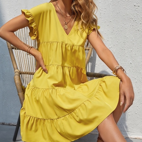 Boho v neck ruffle sleeve smock mini dress - Picture 10 of 16